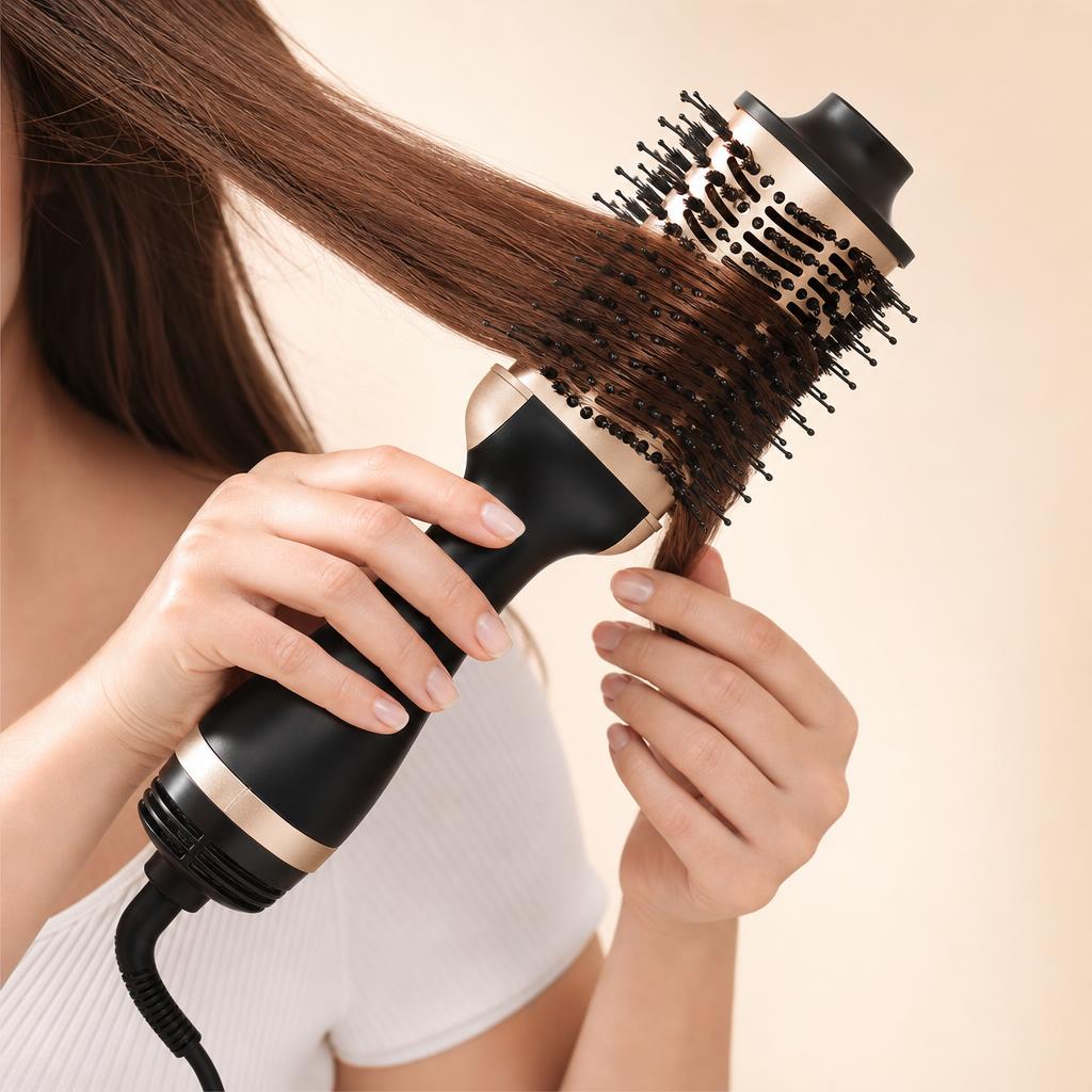 Mujer usando el cepillo secador en su cabello